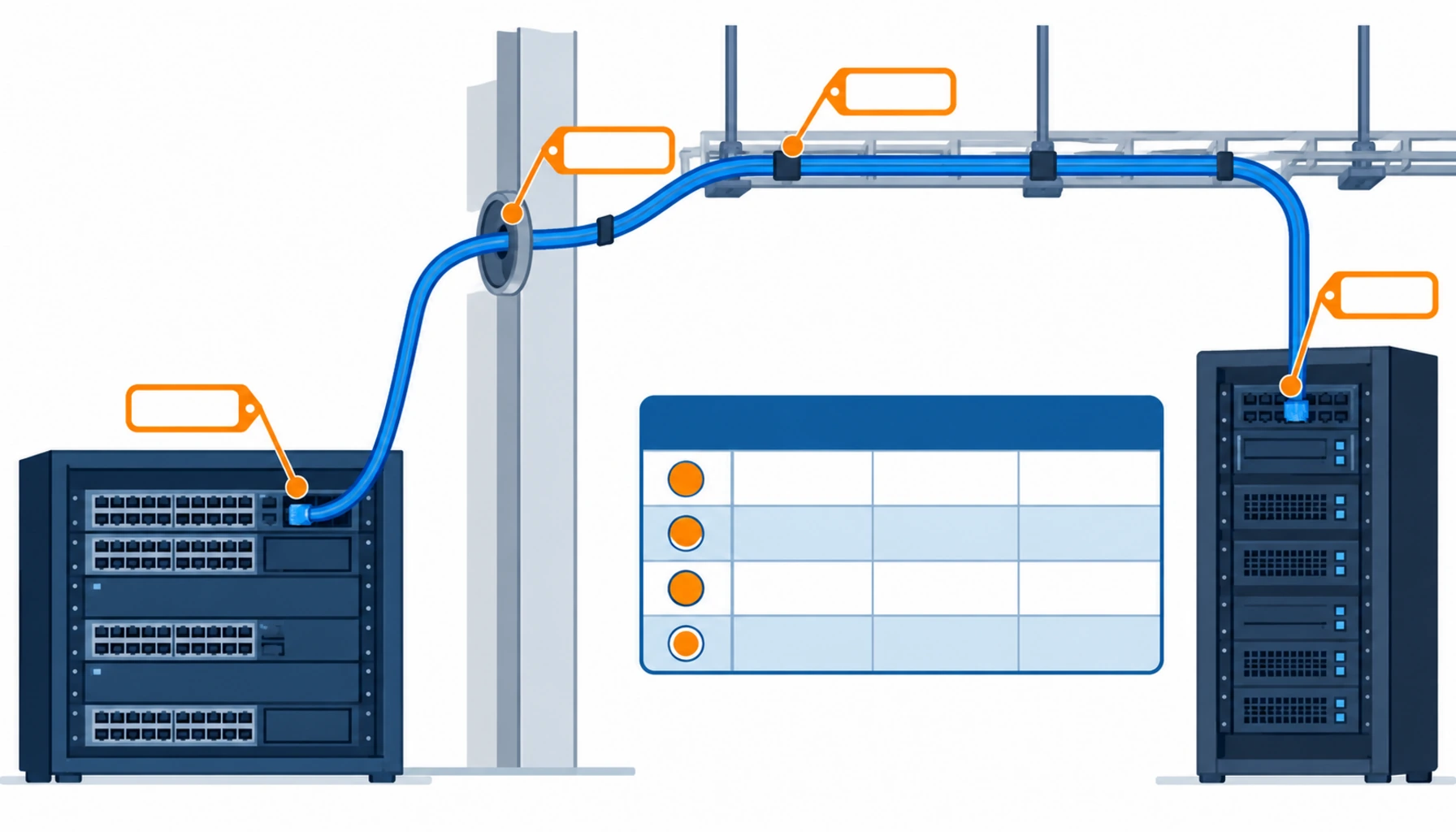 Flat infographic comparing five cable identification options for a data center: hand written labels, site printed labels, printed labels with factory sheath legend, heat shrink sleeves and printed markers, and coded labels linked to an asset register