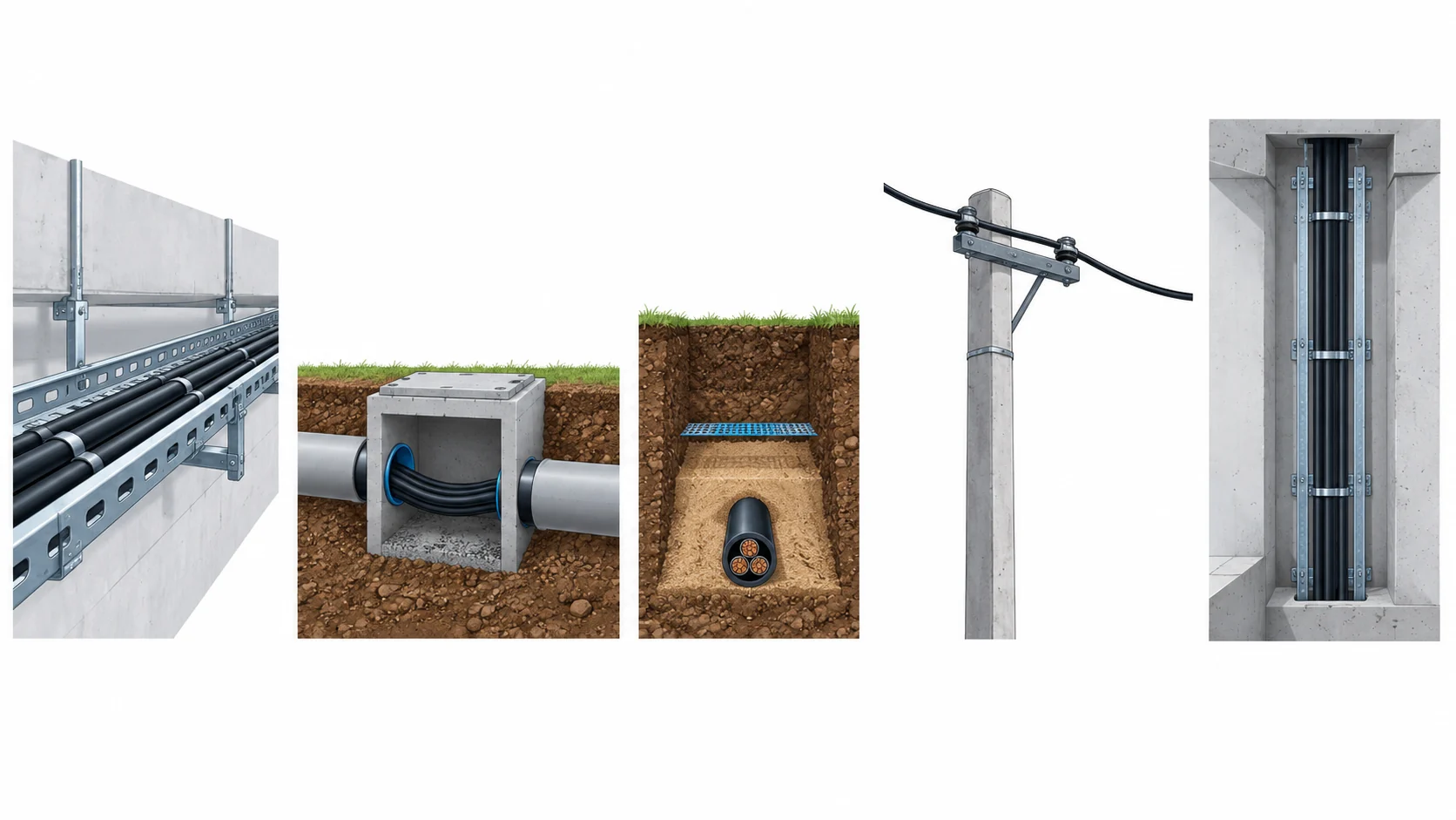 Flat infographic comparing five cable laying methods: tray, duct, direct buried, aerial and riser, with the protection each demands