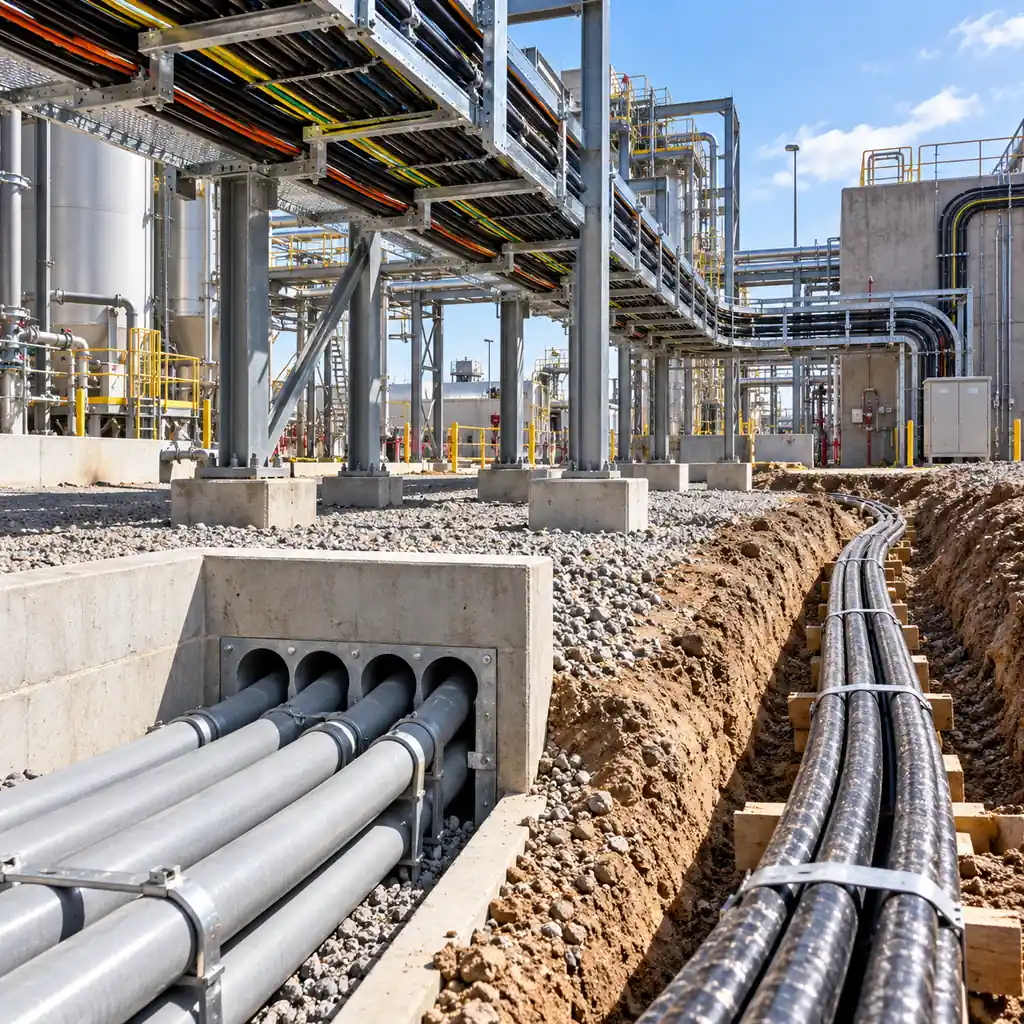 An industrial site showing several cable routes at once: a loaded tray overhead, a duct bank entry in the ground and a buried trench with armour cable laid beside it, no readable text, no labels