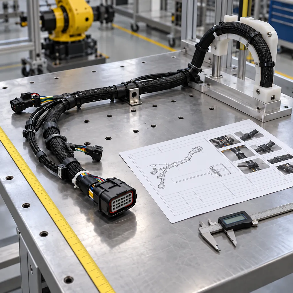 Photorealistic scene: a robot harness laid on a measurement bench with a tape reference beside it, a formed service loop held by a template, a first article inspection sheet and calipers on the bench, clean industrial lighting, no readable text, no labels