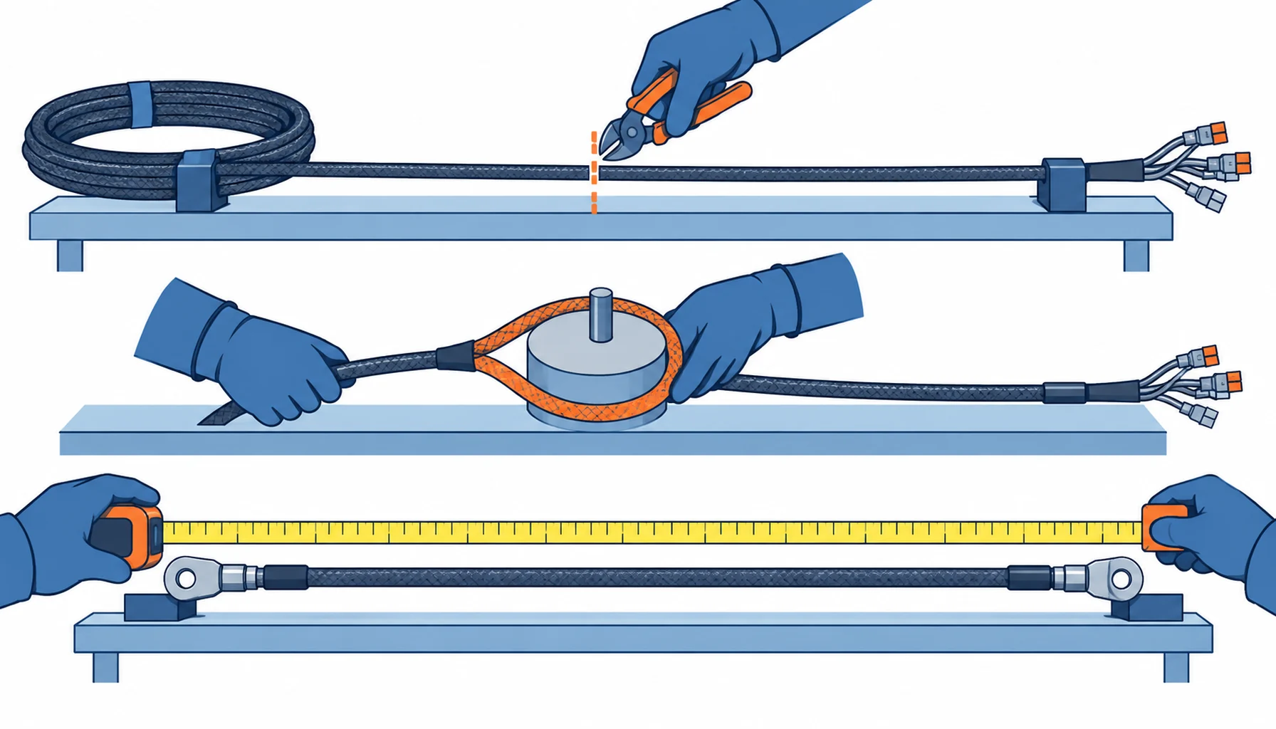 Flat infographic comparing five ways to control robot harness length: a length with no tolerance, a toleranced length, a toleranced length formed on a loop gauge, machine cutting with an encoder and a field trim and terminate approach