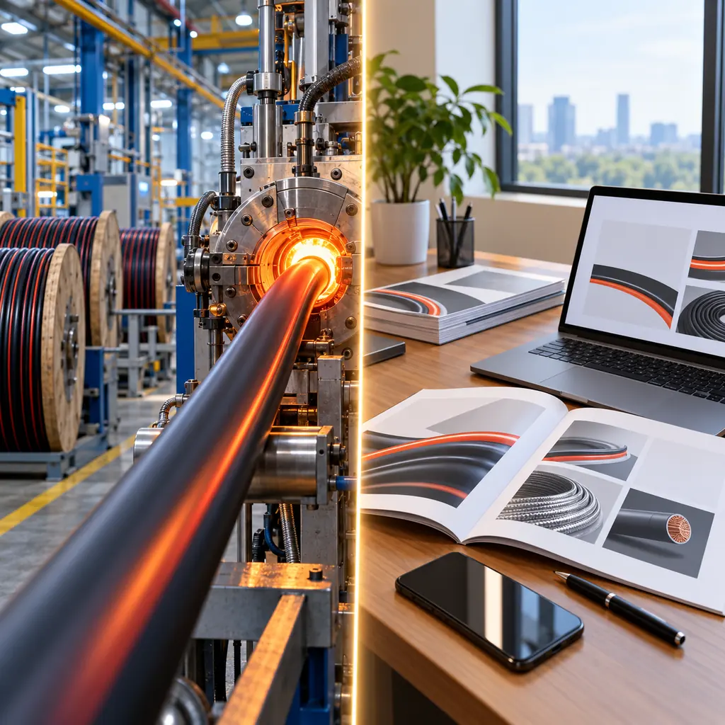 Split scene of a cable factory production line on one side and a trading office desk with catalogs on the other