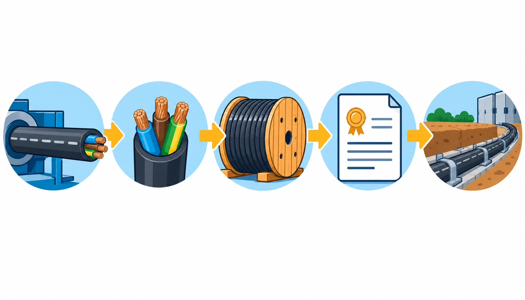 Flat infographic of the cable traceability chain: sheath legend, core identification, drum mark, batch certificate and the as-built record