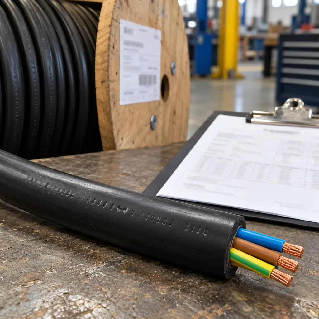 A printed cable sheath showing embossed markings beside a green and yellow core, a batch label on a cable drum and a test certificate on a clipboard, no readable text, no labels