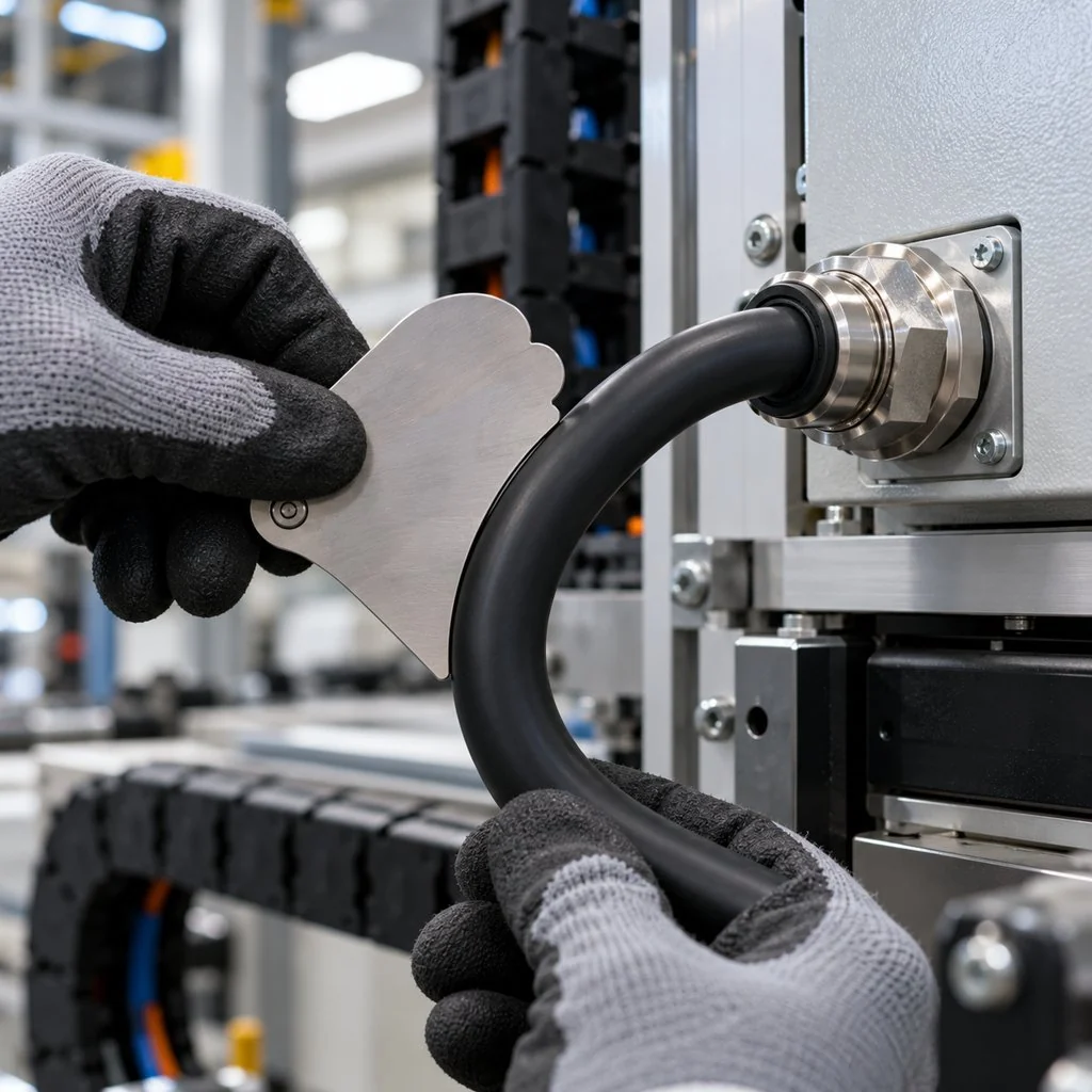 A technician checking the bend of a cable entering a gland on a moving machine with a radius gauge in hand