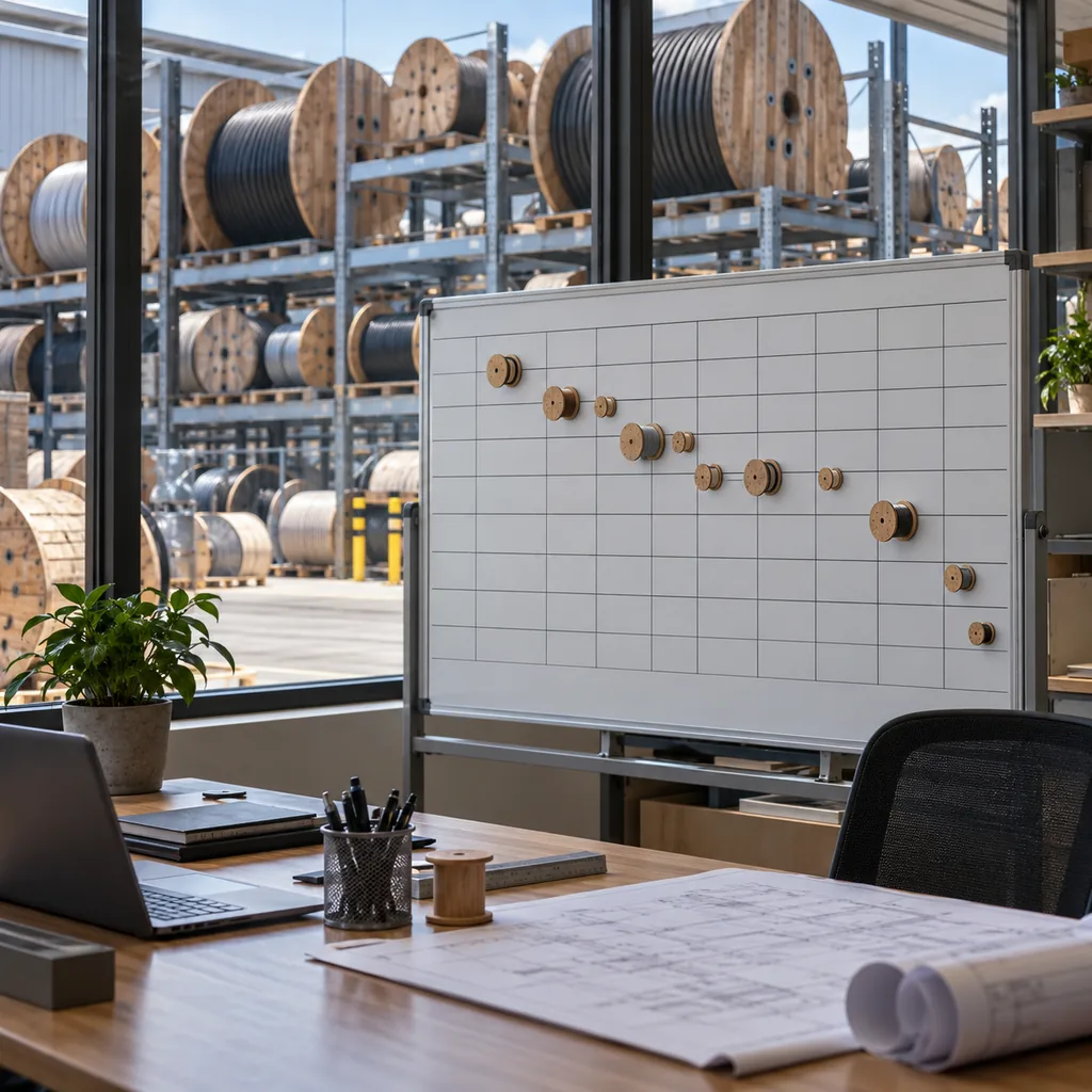 Factory production calendar board with cable drum schedule beside a wall of cable reels in various sizes