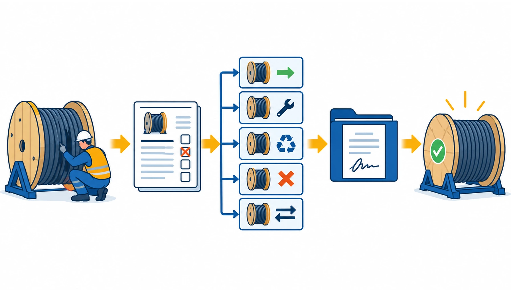 Flat infographic of a cable non-conformance flow, a rejected drum with a red tag feeding a non-conformance report that branches into concession, repair, retest, replacement and rejection