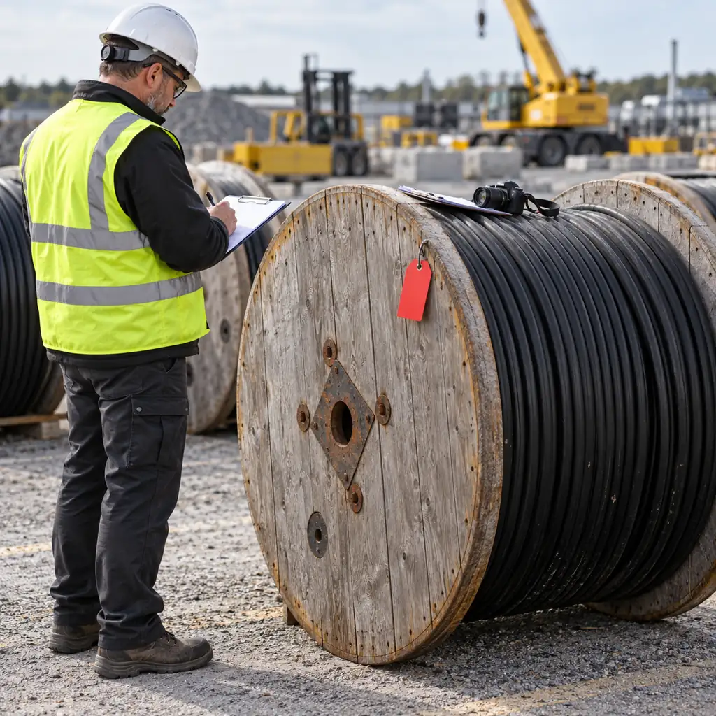 A rejected cable drum set aside on a site hardstanding with a red tag and an inspection sheet on a clipboard beside it, a supervisor noting the drum number, no readable text, no labels