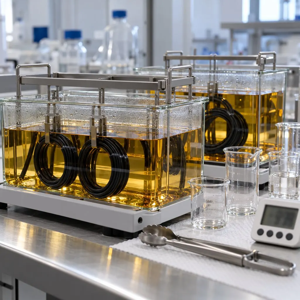 A laboratory bench with cable samples in glass immersion baths of test oil, beakers and timers arranged alongside