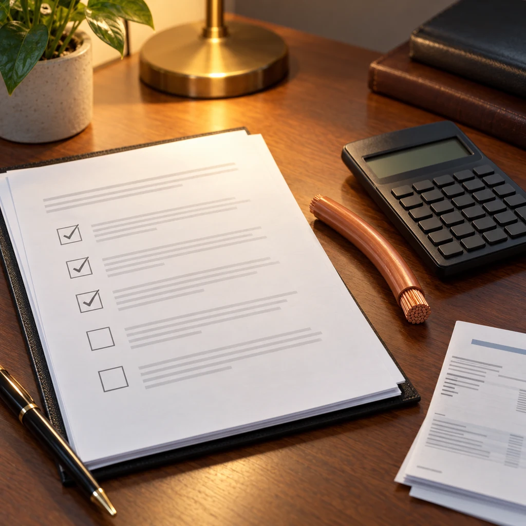Contract and payment documents on a desk beside a cable sample with a bank draft and calculator