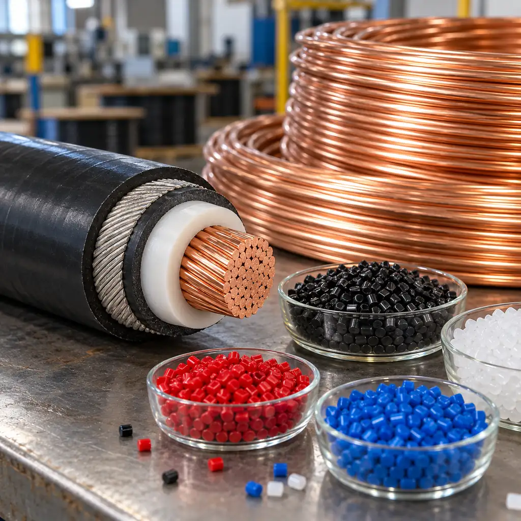 Cross-section of power cable layers beside raw materials copper wire rod and polymer granules on a workshop table
