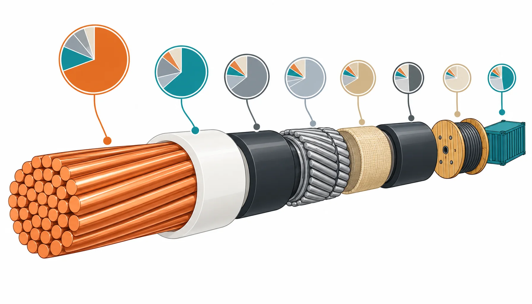 Flat infographic of a cable cross-section exploded into price layers from copper core to freight
