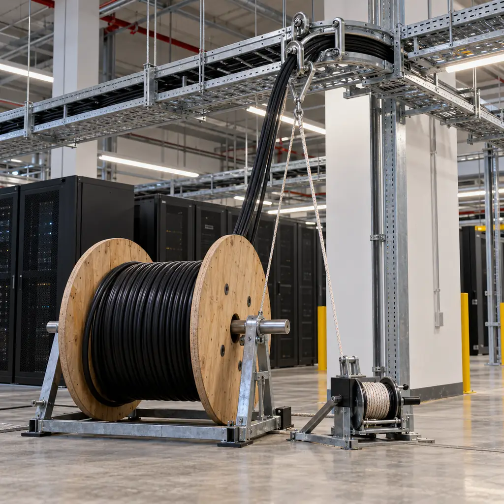 A cable reel at the base of a cable tray run on a data center site, with a pull rope and winch arrangement feeding cable up and along the tray