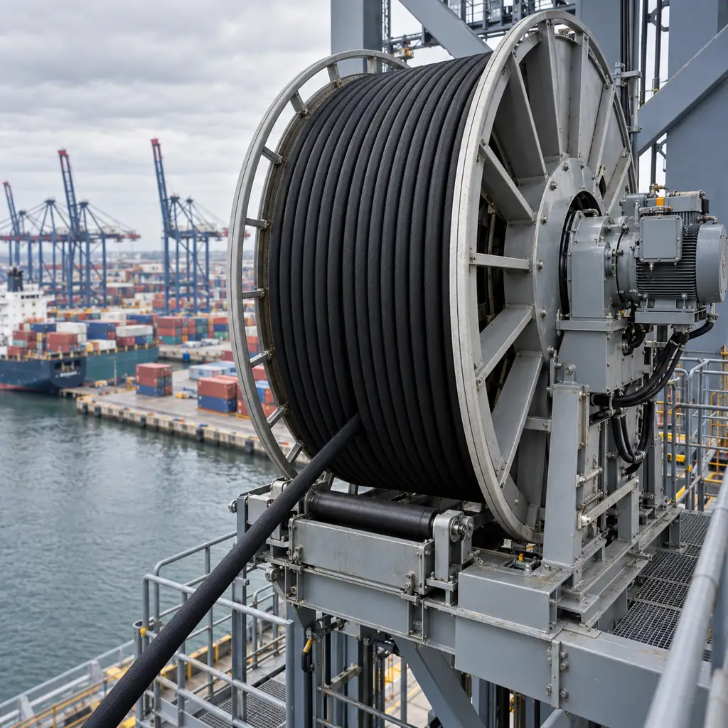 A large motorized cable reel mounted on a port crane with heavy reeling cable winding onto the drum against a harbor backdrop