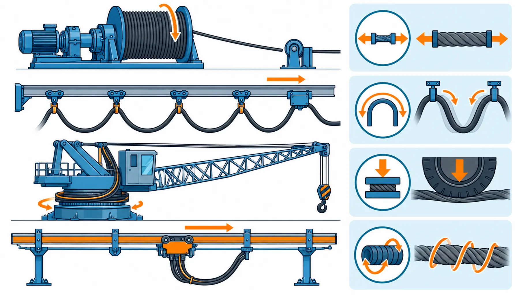 Flat infographic comparing four heavy-duty motion feed systems, motorized reeling drum, festoon loops, torsion reeling and conductor rail, beside a load icon panel