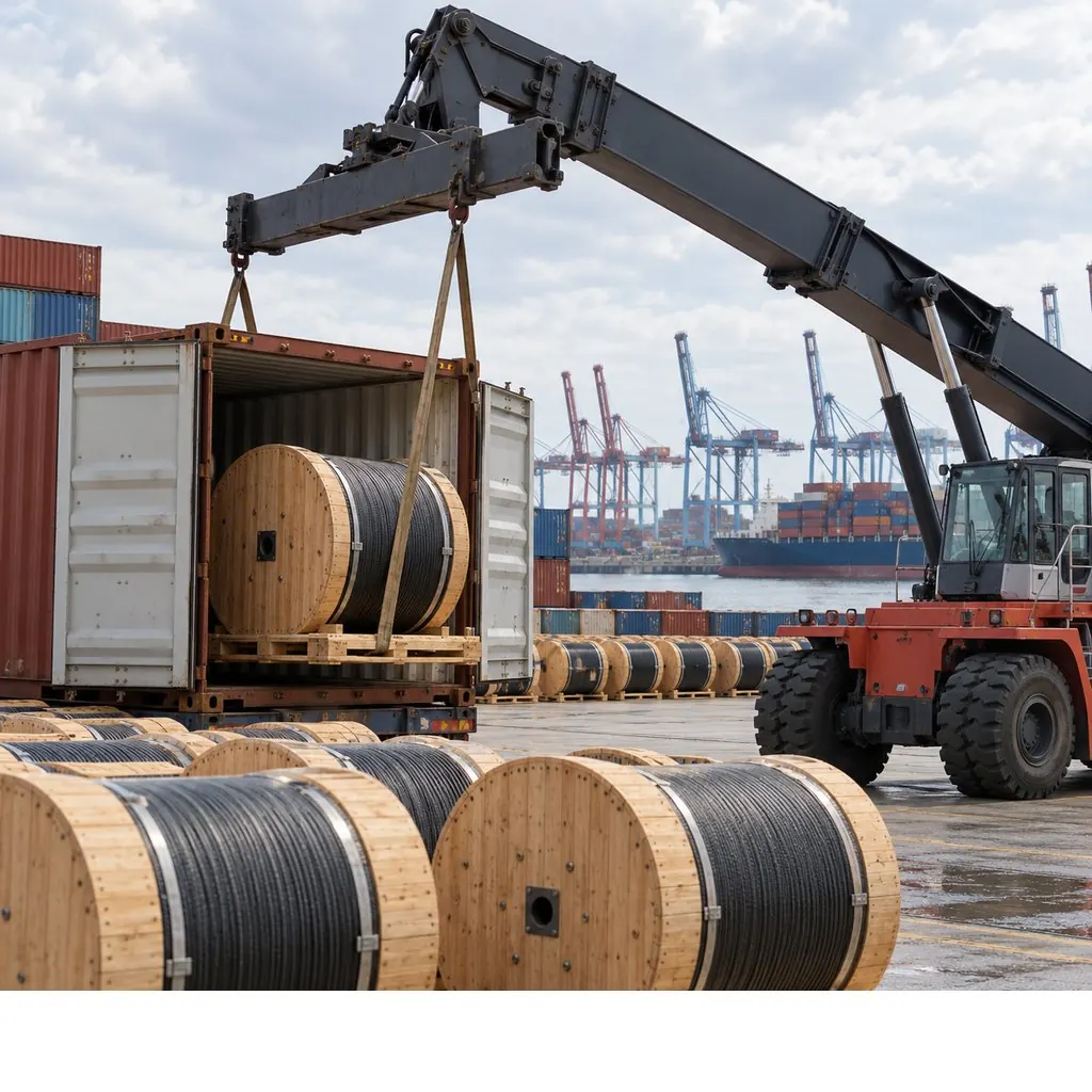 Wooden cable drums being loaded into a shipping container at a port terminal with cranes behind