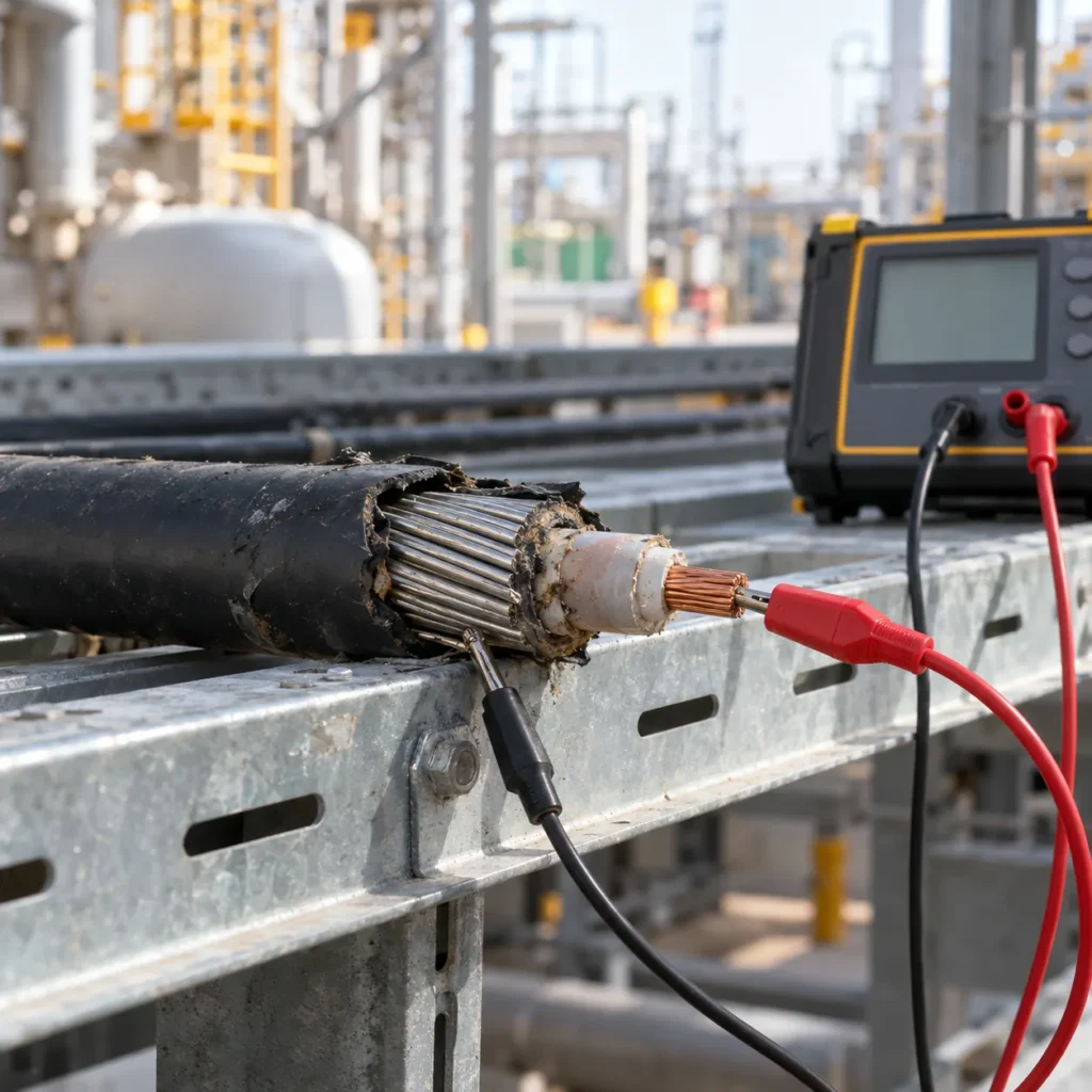 A damaged cable sheath on a tray with exposed armour beside a test set applying a low-voltage signal to the conductor, plant blurred behind, no readable text, no labels