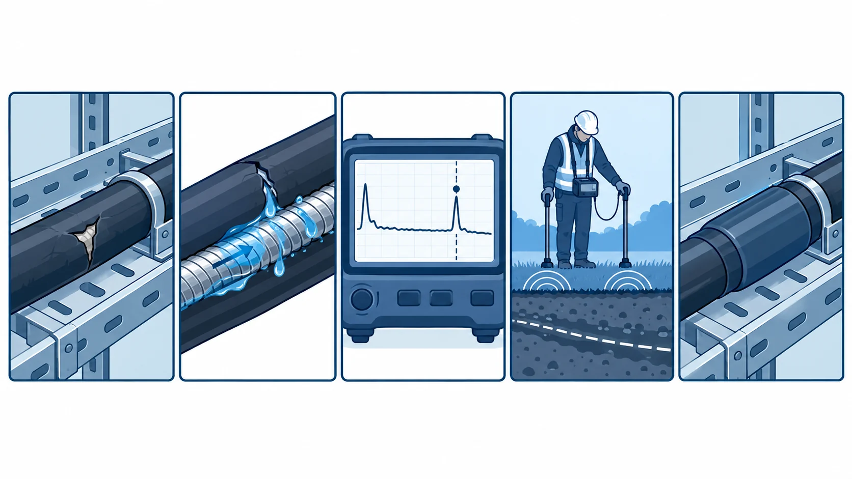 Flat infographic of cable sheath fault location: a damaged sheath, water tracking along the armour, and the test methods used to find the point on the route