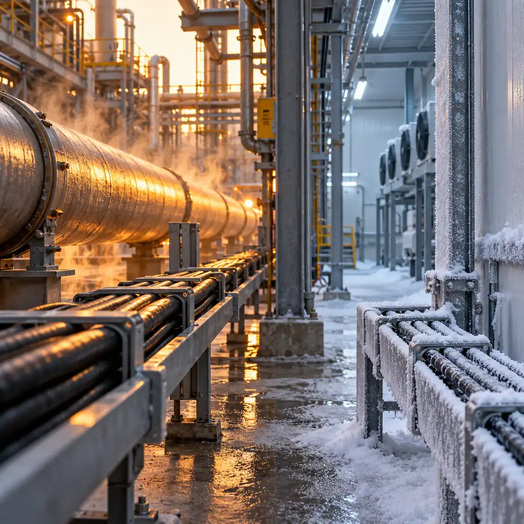 A cable run beside a hot process pipe with heat shimmer in the air and a second cable run in a cold store with frost on the cleats, both visible in one industrial scene, no readable text, no labels