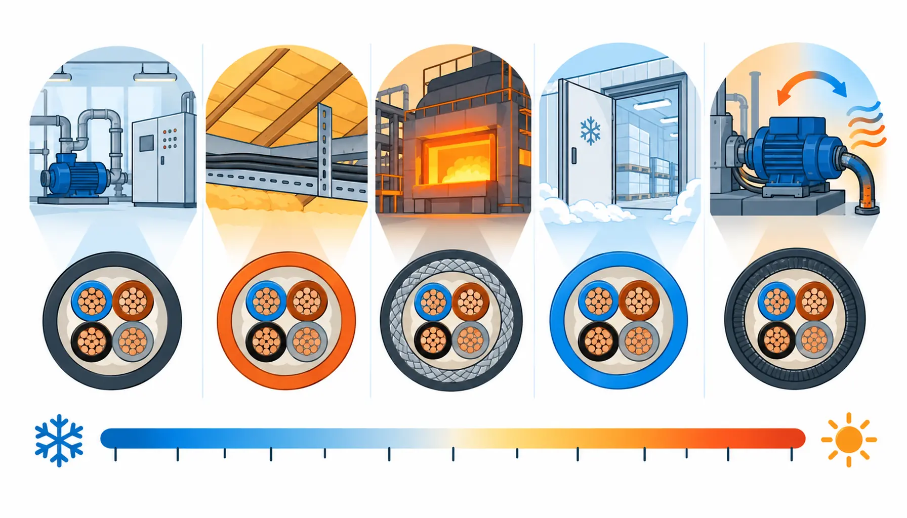Flat infographic of cable temperature bands: a cable run passing a hot process pipe, a roof void and a cold store, with a temperature scale and the ambient, conductor and handling figures marked