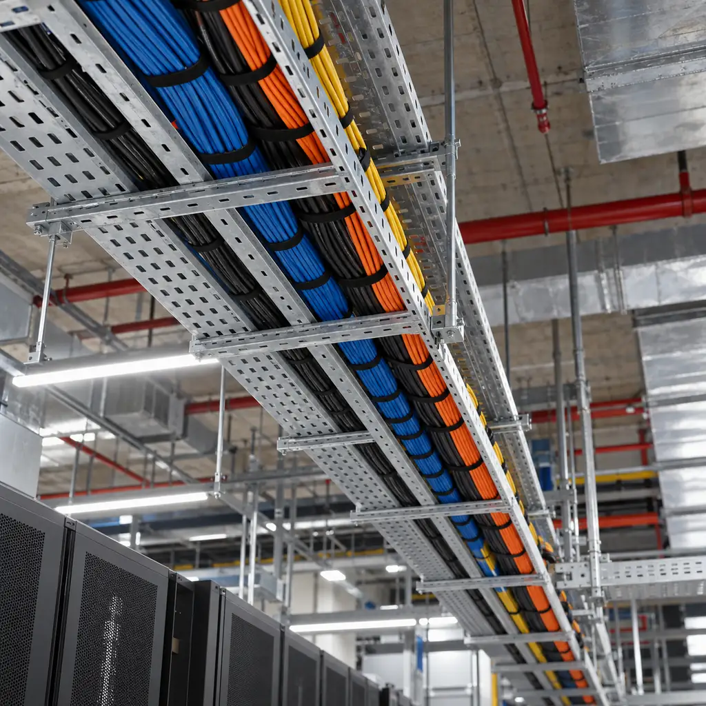 A long run of perforated steel cable tray above a data hall under construction, loaded with neatly bundled power and data cables, viewed from below at an angle