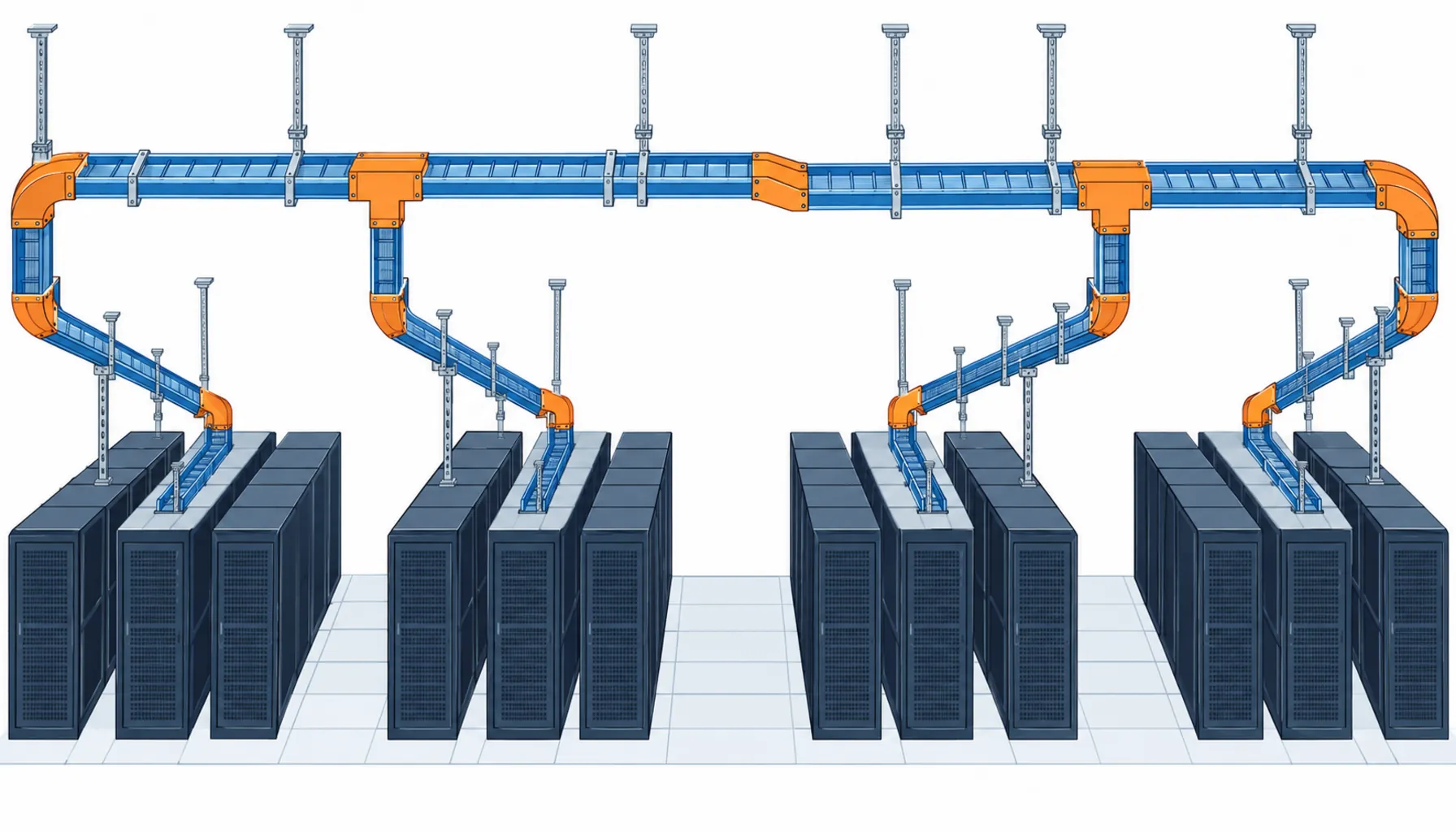 Flat infographic comparing cable containment systems for a high density data hall: perforated tray, ladder tray, solid bottom tray and busway drawn side by side above a row of racks