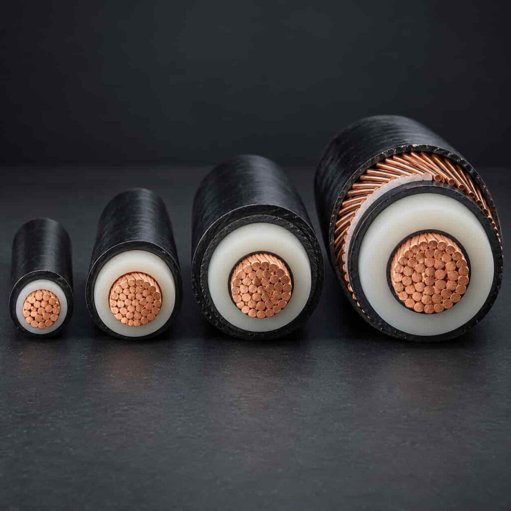 Row of power cables of increasing voltage classes from LV to MV displayed with their insulation thickness differences visible