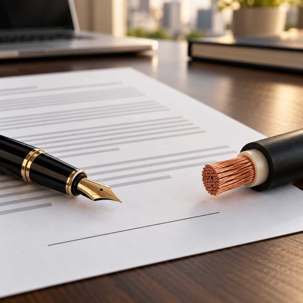 Signed contract document beside a section of power cable on an office desk during warranty negotiation