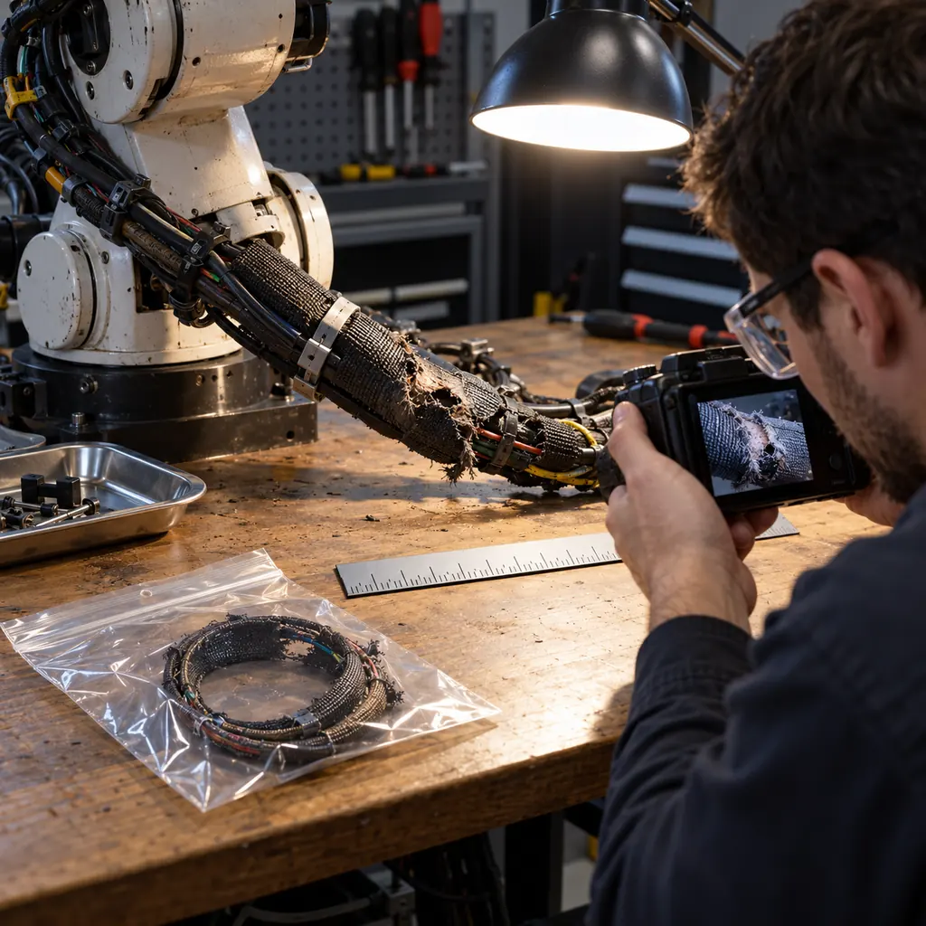 Photorealistic scene: a failed robot harness laid on a workbench under a lamp, a technician photographing a worn jacket section beside a ruler, the cut sample coiled in a bag nearby, workshop lighting, no readable text, no labels