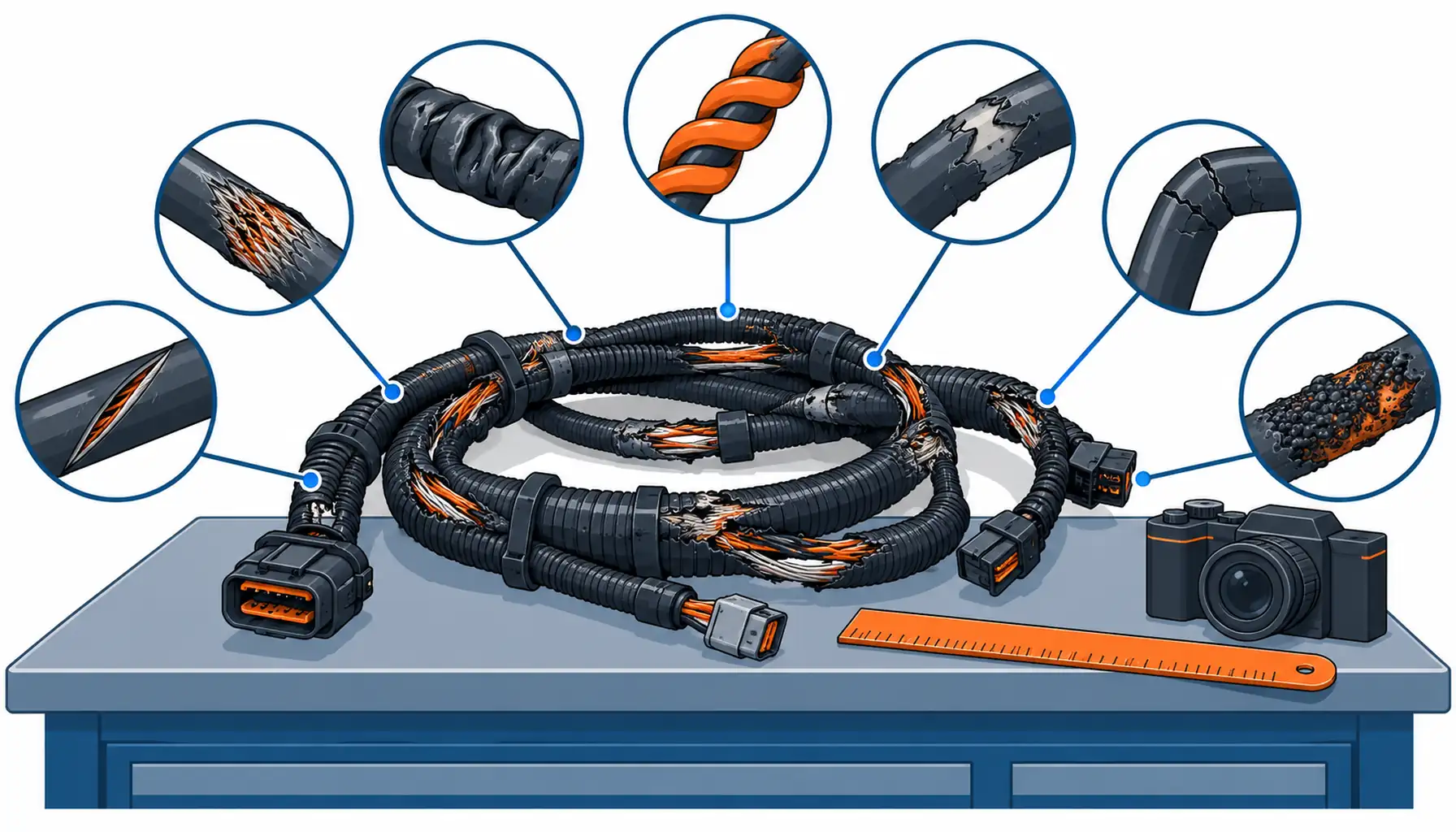 Flat infographic of a failed robot harness on a bench with seven labeled-free damage pattern icons: abrasion face, corkscrew, kink, bulge, termination break, hardening, cuts