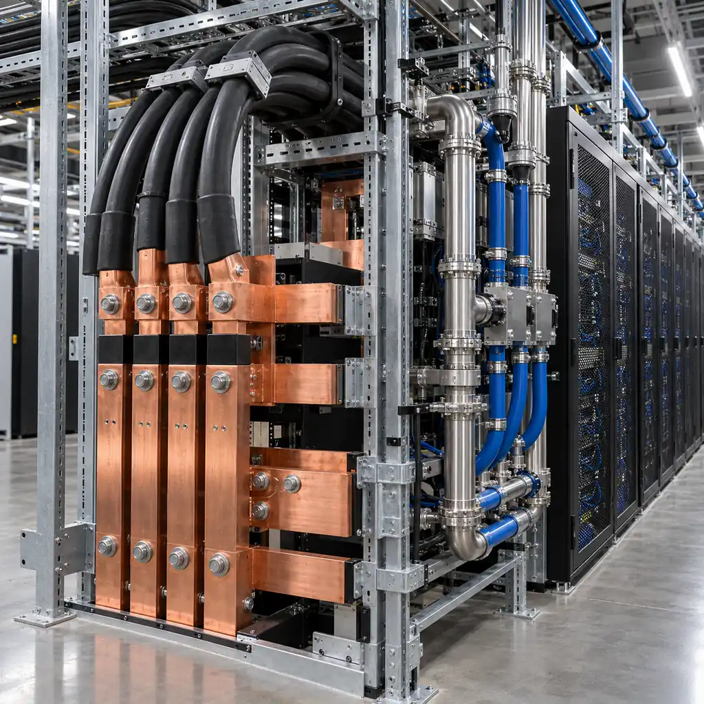 Heavy section DC power cables and copper busbar feeding a one megawatt AI server rack in a liquid cooled data center aisle