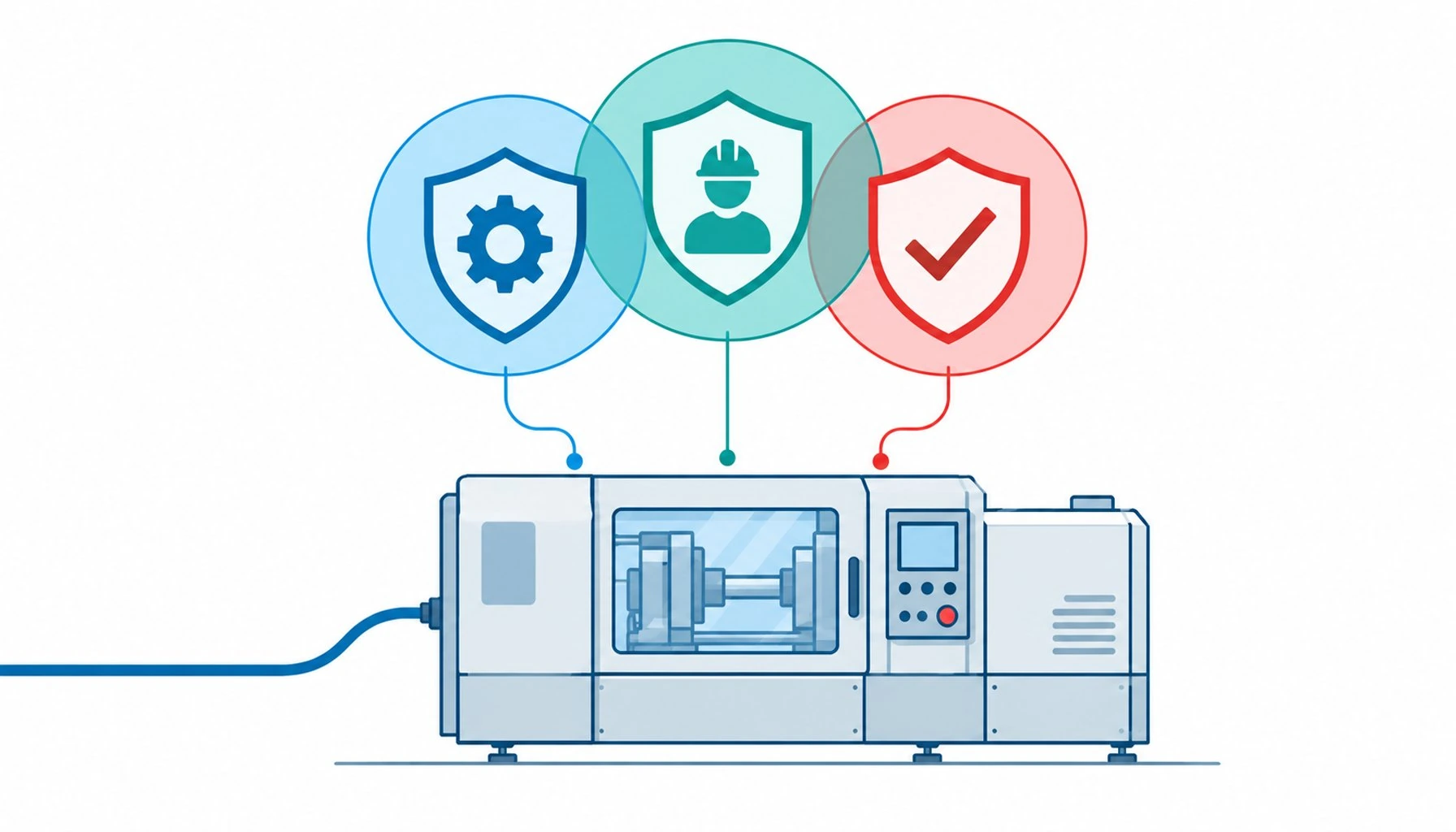 Flat infographic of Canadian approval badges above a machine outline with a shared cable line entering from the left