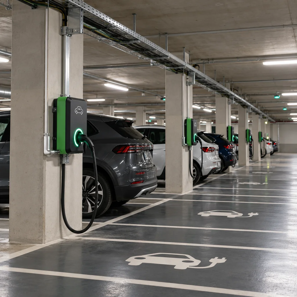 An underground car park level with wall-mounted charging units along a column line, cable in galvanised tray above, surface trunking running to socket outlets and parking bay markings on the deck, artificial lighting, no readable text, no labels