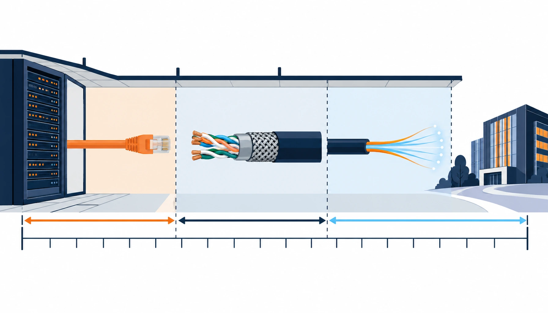 Flat infographic of a data hall cross-section divided into distance zones with a different cable type assigned to each zone