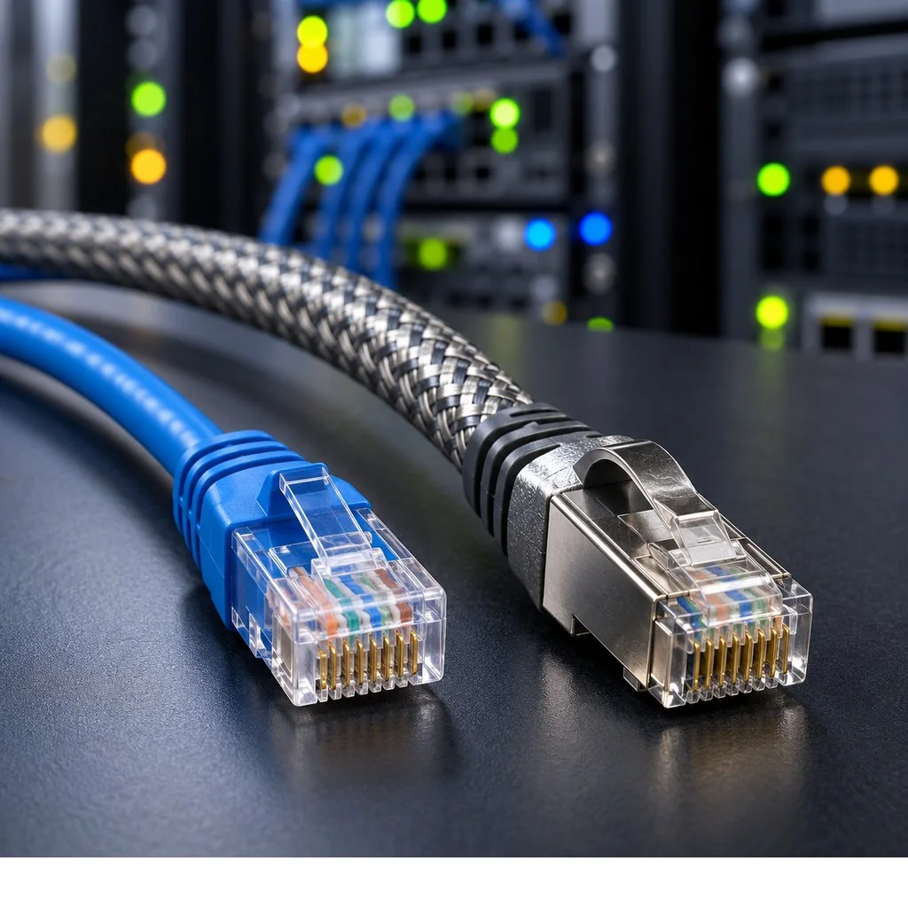 Two network cables side by side, one slim unshielded jacket and one braided shielded construction, over a server rack backdrop