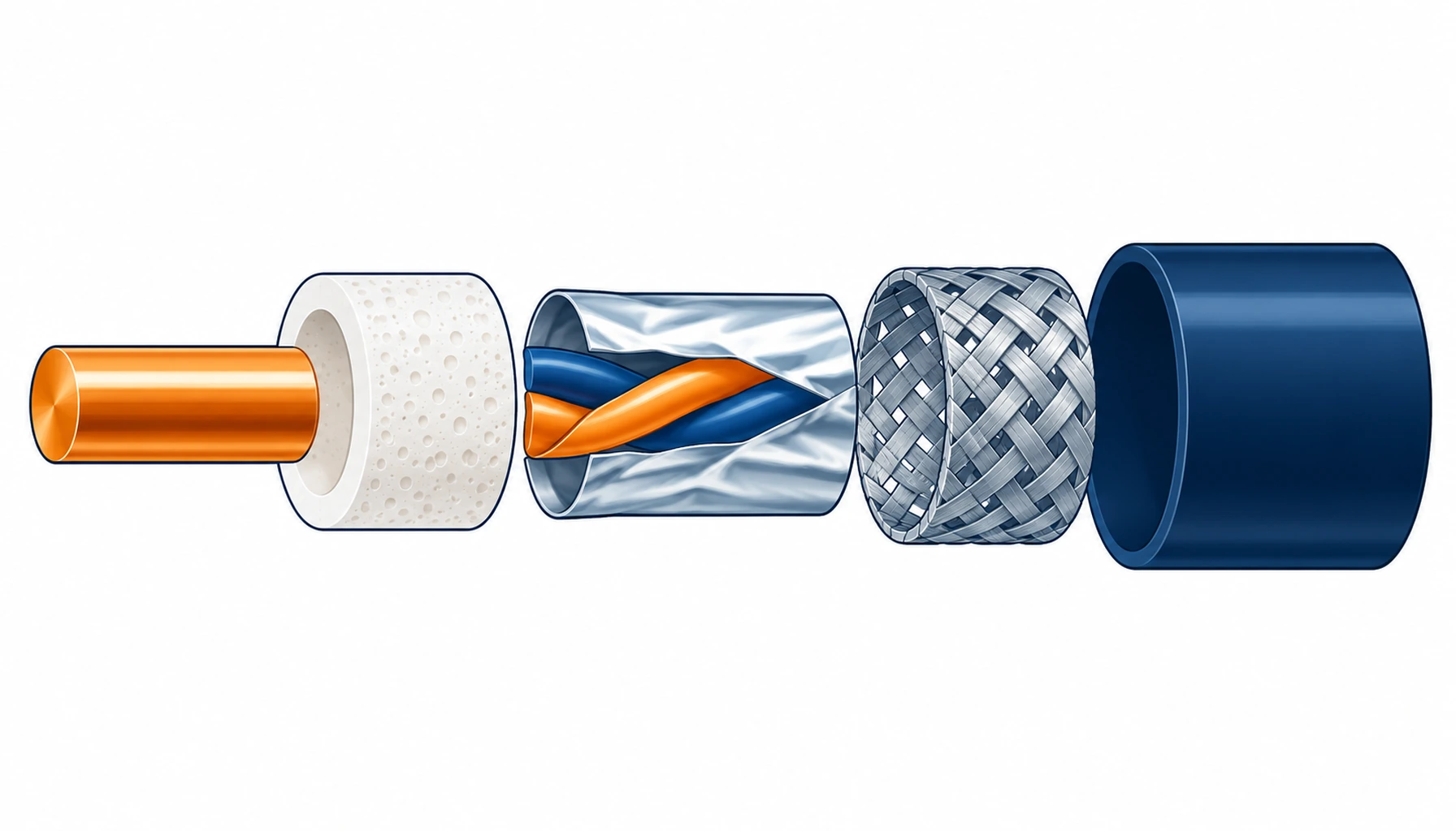 Flat infographic exploding a shielded network cable into its layers from copper conductor to outer sheath