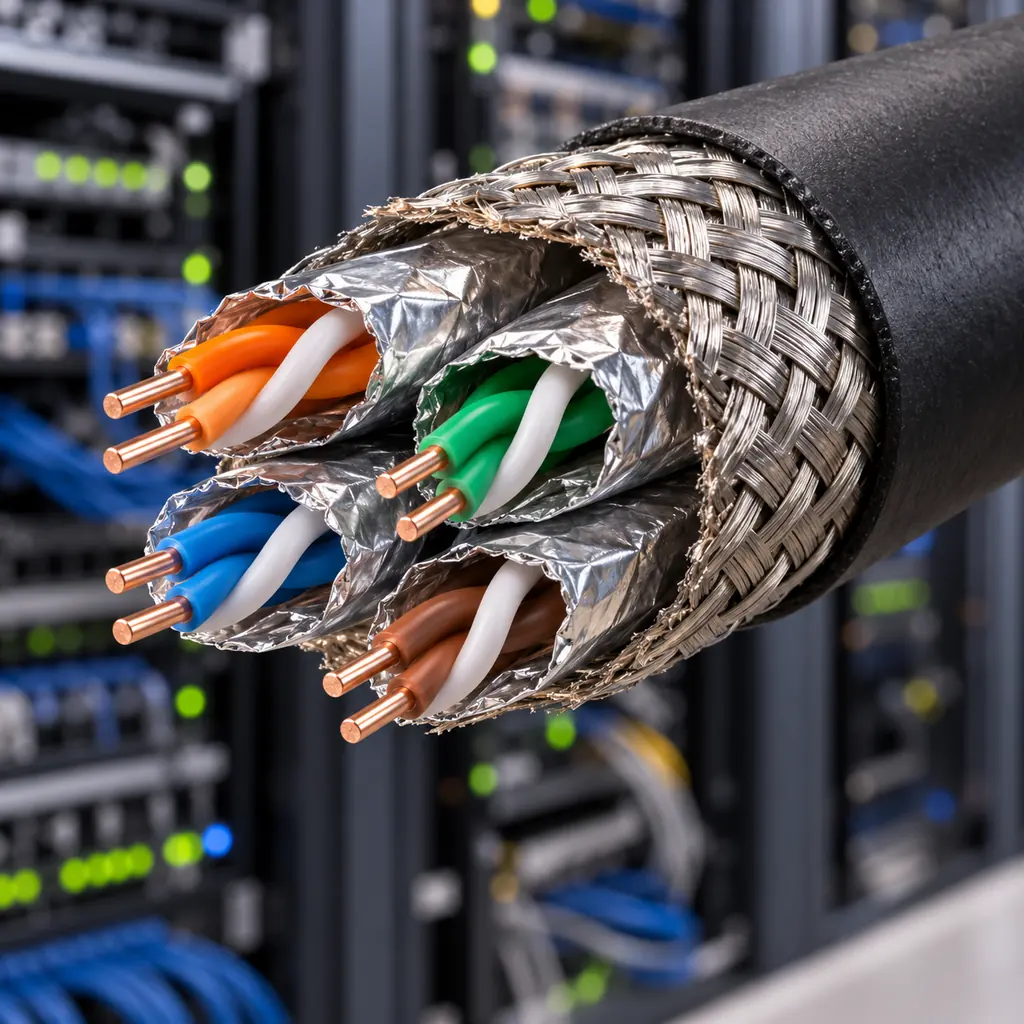 A Cat8 S-FTP cable cutaway showing four foil-screened pairs inside an overall braid over a server rack