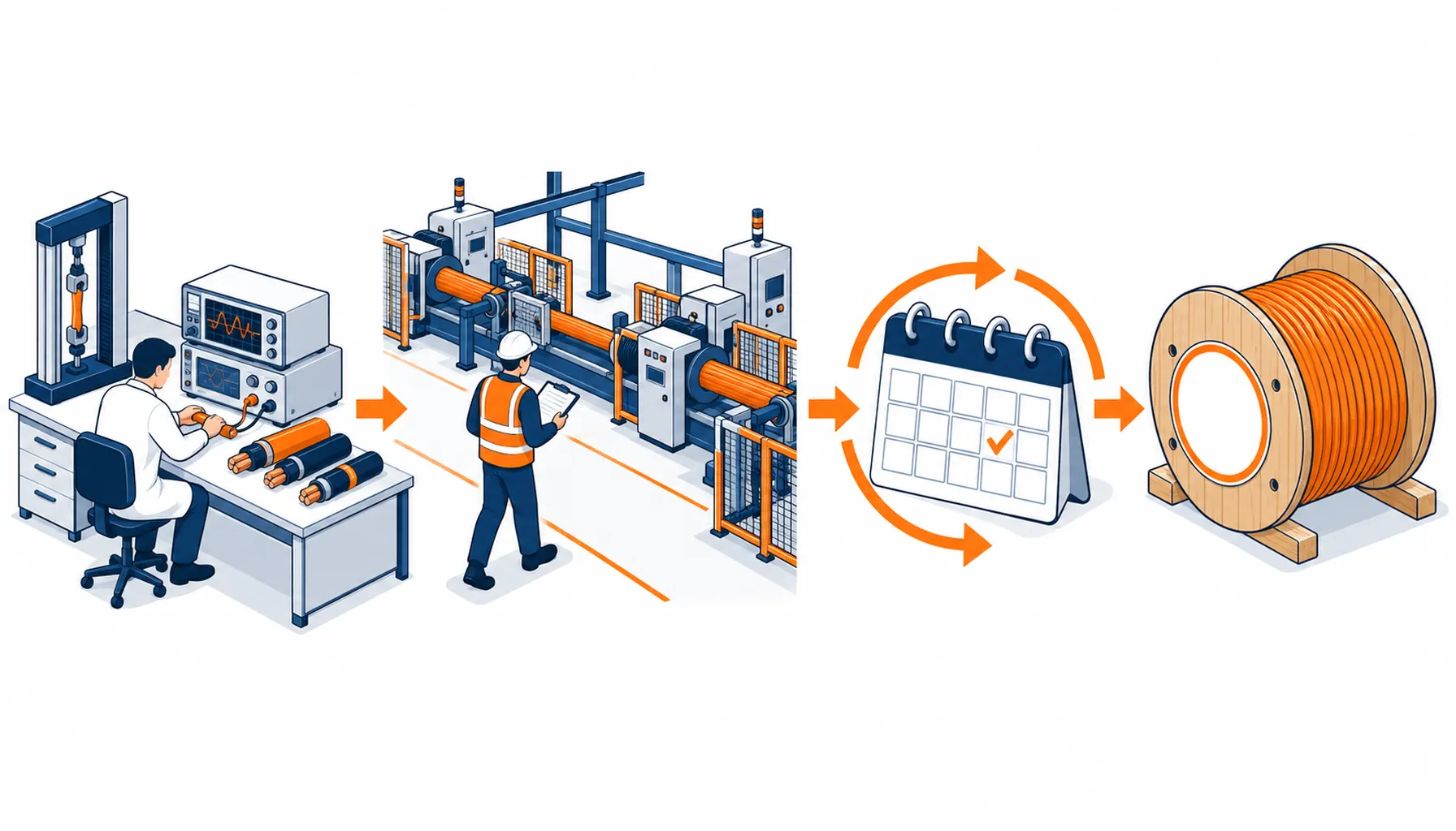 Isometric illustration of the three CCC layers from type testing through factory audit to annual surveillance and marked product