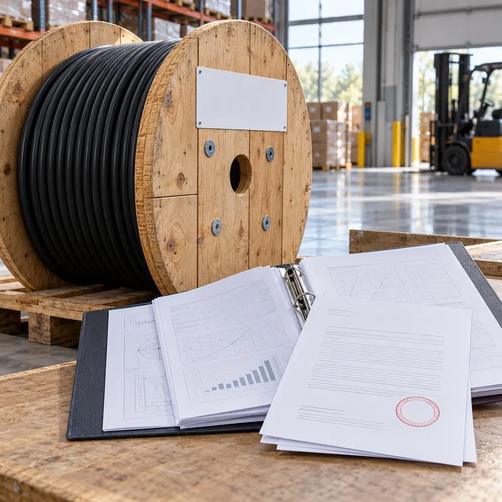 Cable drum with CE marking label documentation in a warehouse beside an opened technical file folder
