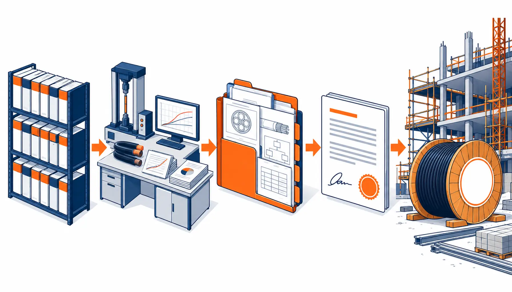 Isometric illustration of the CE chain from standards and testing through technical file and declaration to the marked drum on a European site