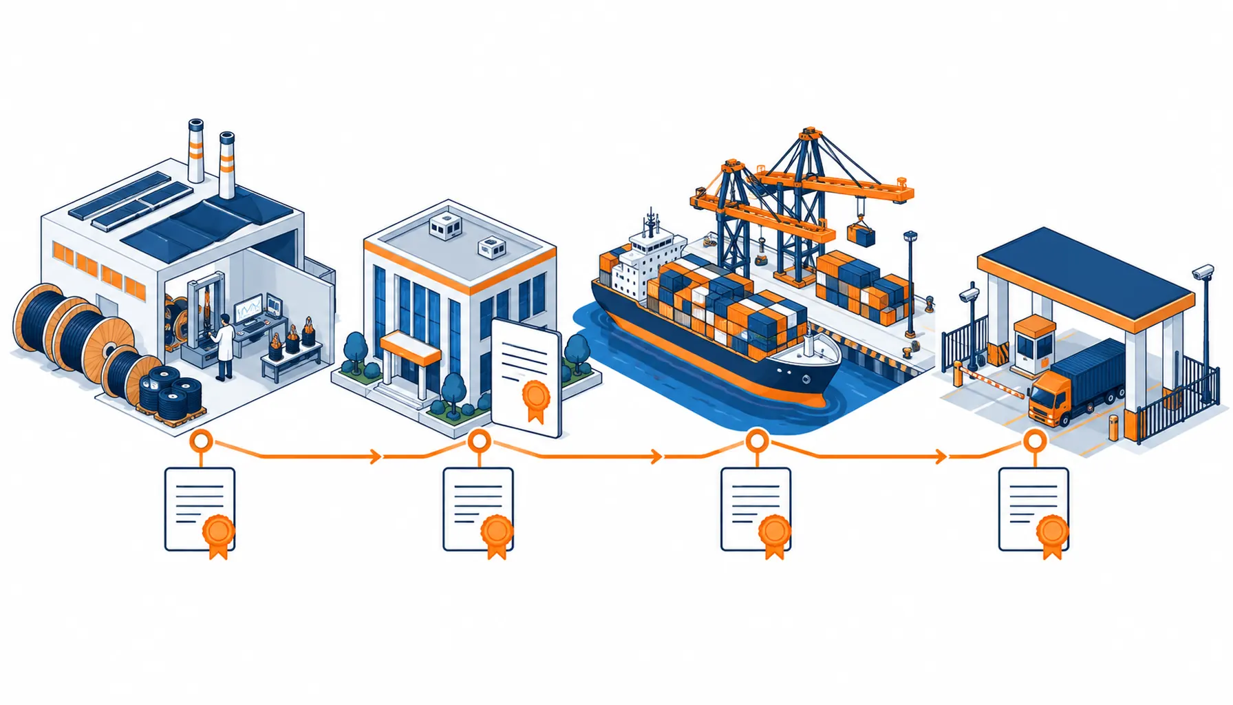 Isometric illustration of cable market access from factory testing through product certification and shipment conformity to customs release