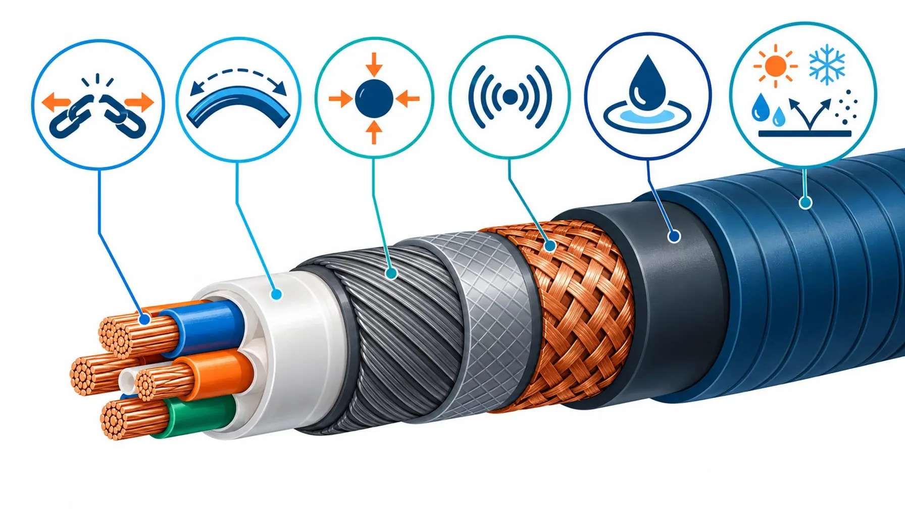 Flat infographic of a cable cutaway with six layers labeled by icon from conductor to jacket with enemy icons for each layer