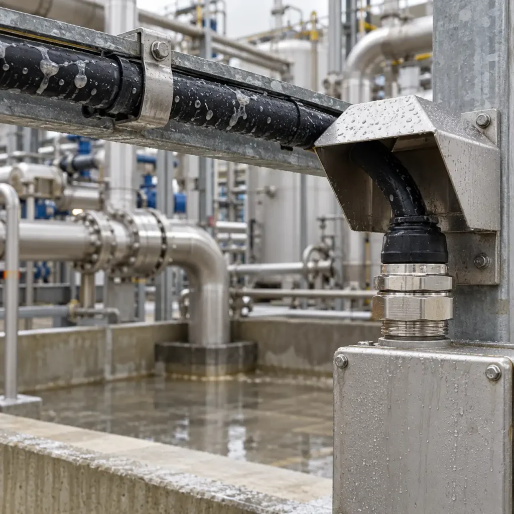 A cable run above a bunded chemical process area with splash marks on the sheath and a drip shield over the gland, stainless process pipework blurred behind, no readable text, no labels