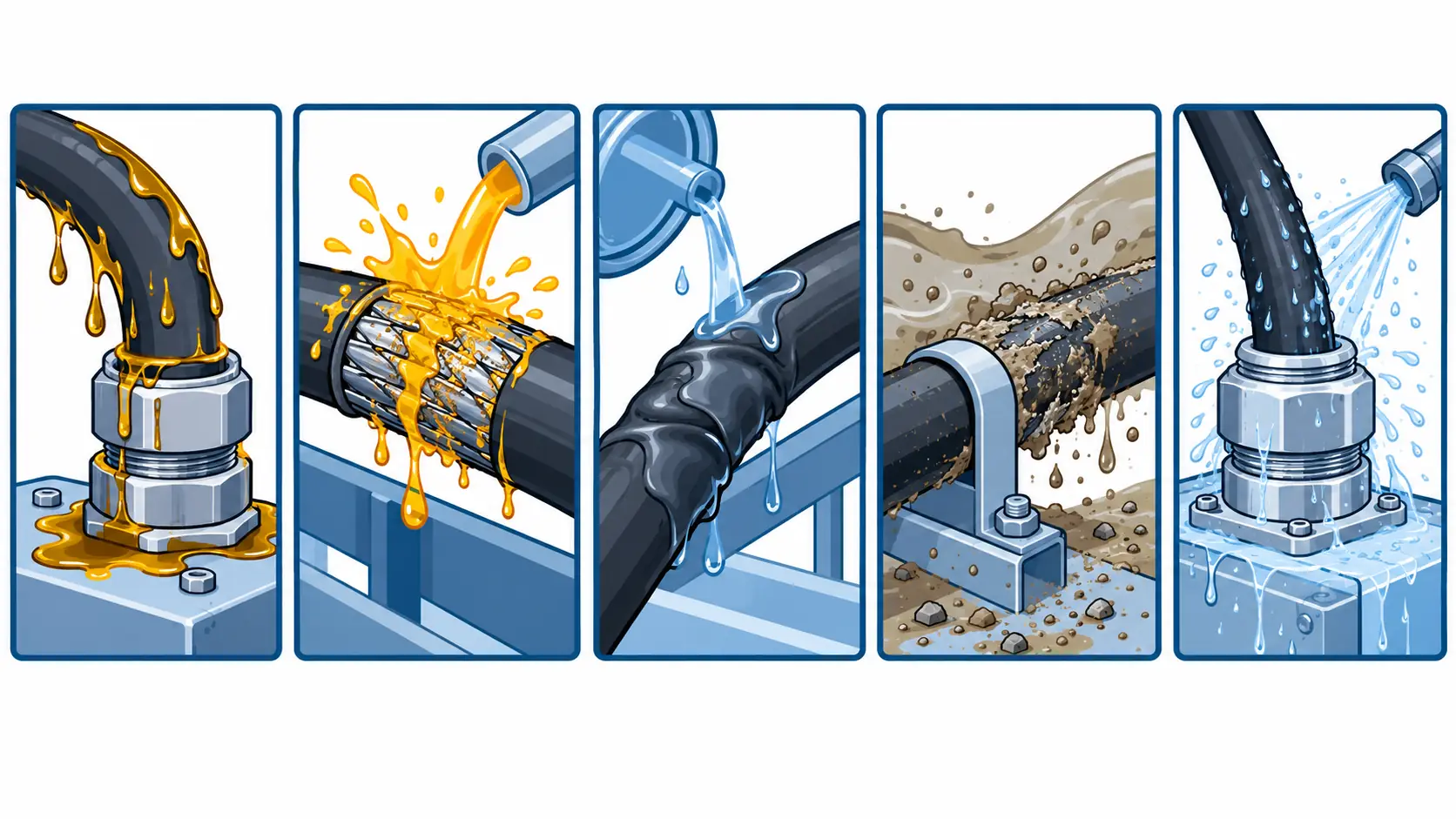 Flat infographic of chemical exposures to a site cable: mineral oil, acid splash, solvent vapour, sewage effluent and washdown detergents, with the layer each one attacks