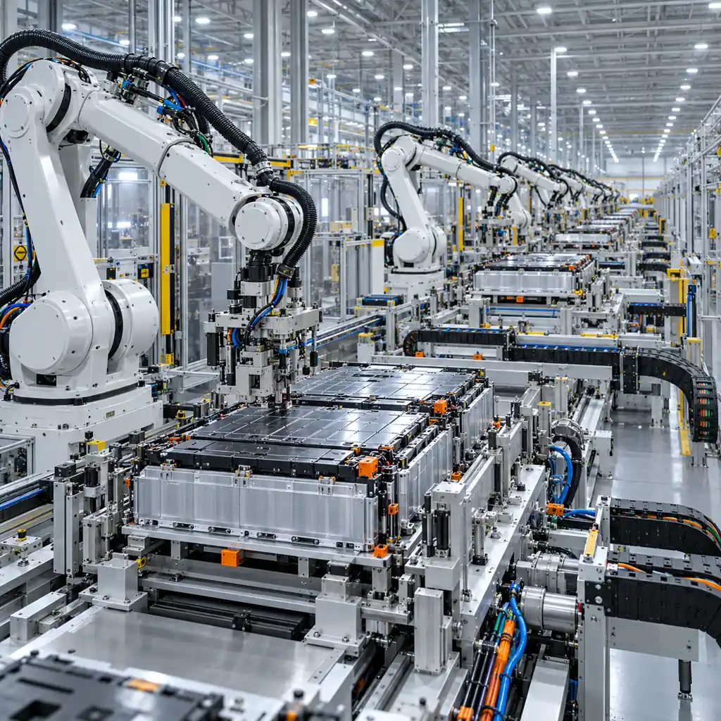 A large Chinese battery factory floor with rows of robot arms working along an automated production line, cable carriers visible between the cells