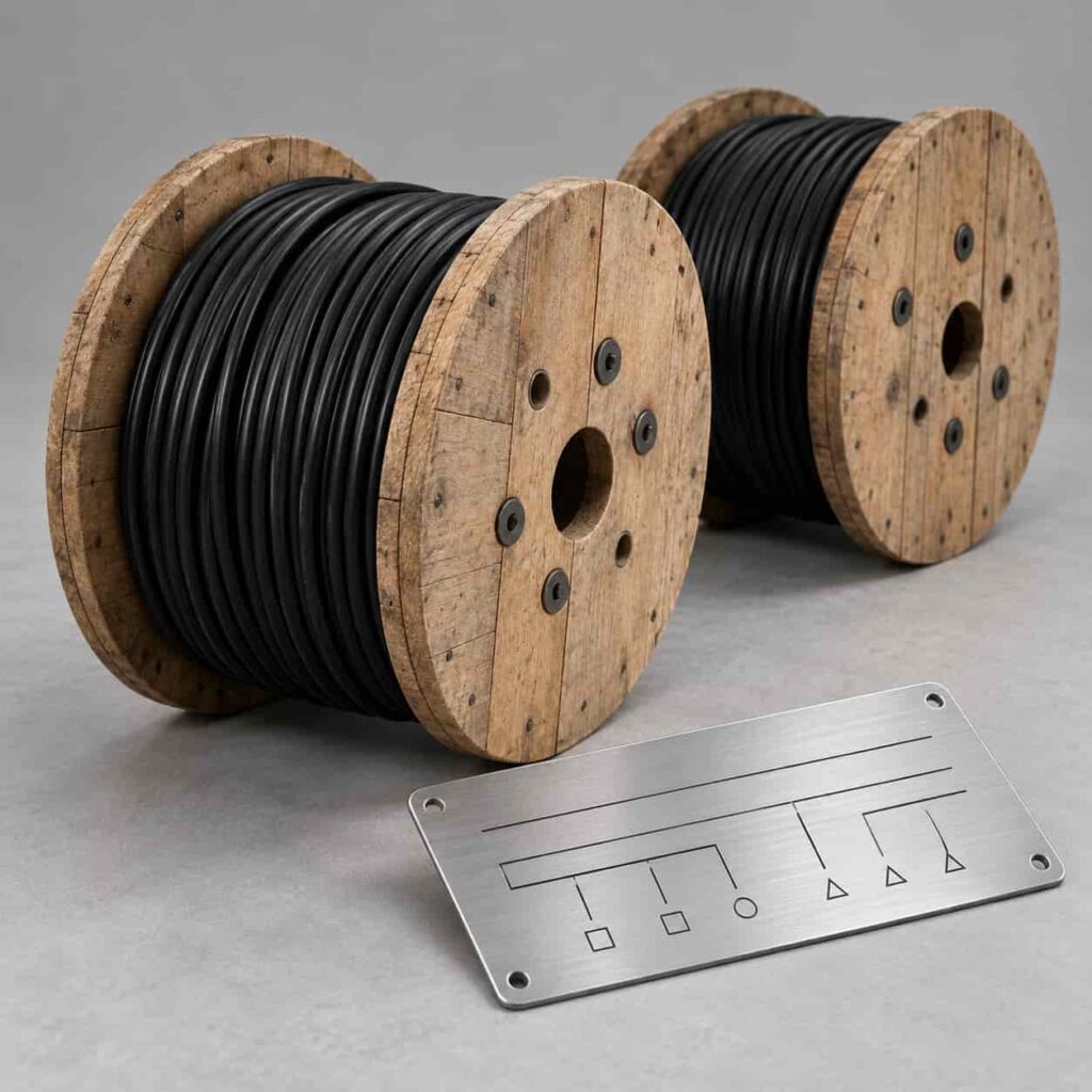 Cable drum ends showing printed part numbers with the fire-behavior prefixes highlighted over a decode key