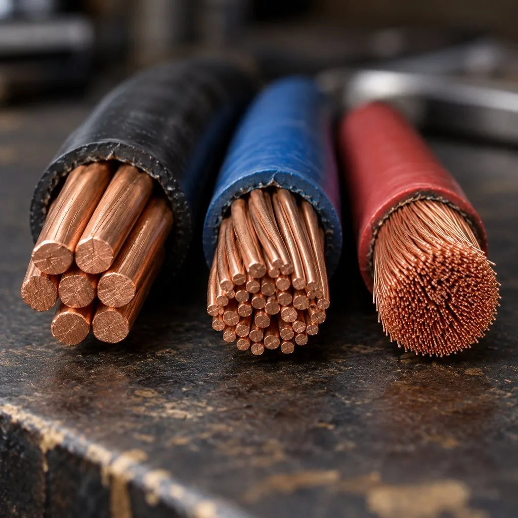 A close-up comparing three cable ends with coarse, fine and ultra-fine copper stranding side by side on a workbench