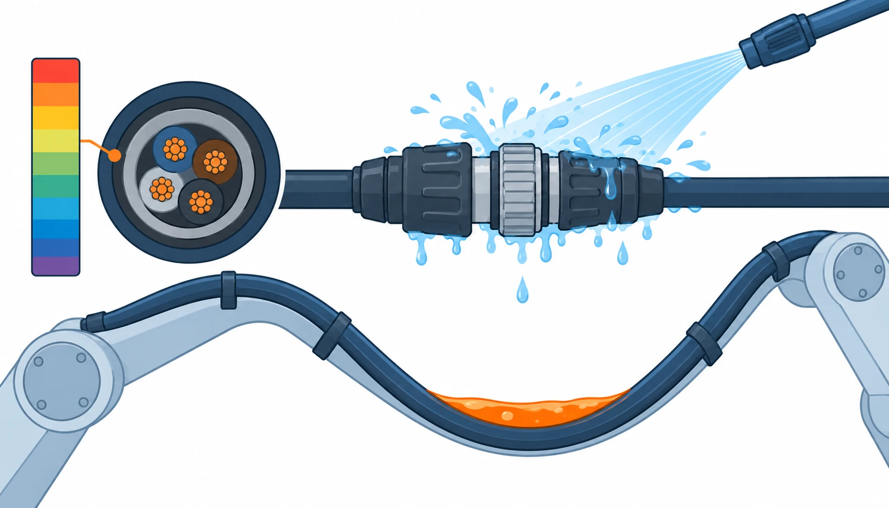 Flat infographic of chemical and water exposure on a cleaning robot cable: a pH scale beside a sheath section, a pressure jet at a mated connector pair and a low point in the route trapping water