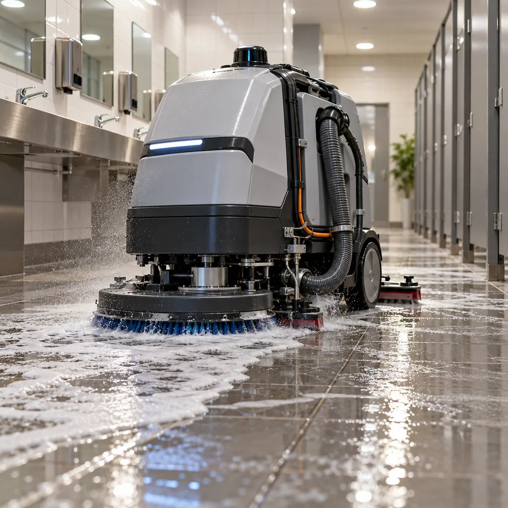 Photorealistic scene: a floor scrubbing robot operating in a tiled washroom corridor, its cable harness running along the chassis beside a wet suction hose, water and foam on the floor, spray mist in the air, bright overhead lighting, no readable text, no labels