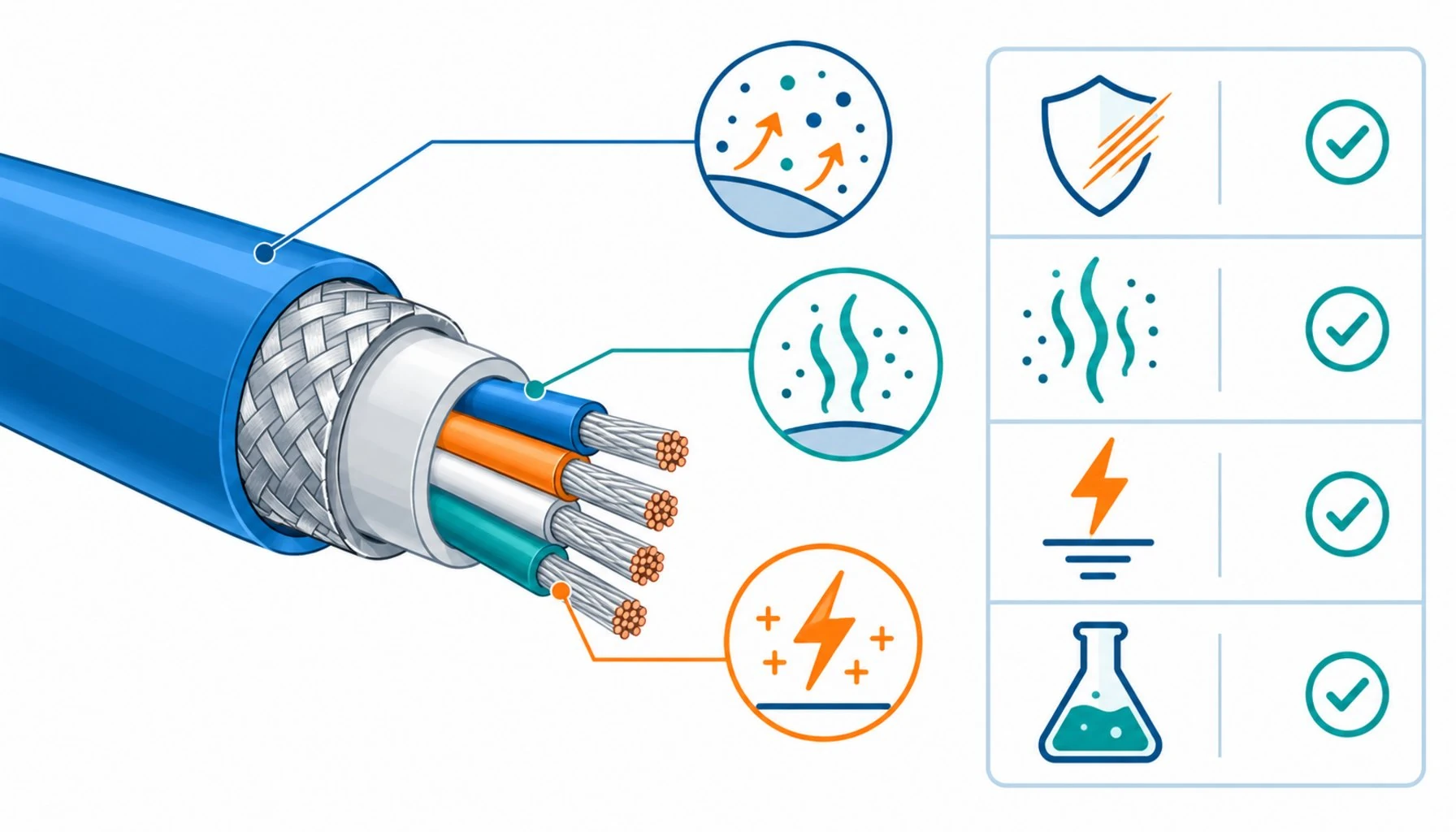 Flat infographic of a cable cross-section with low particle, low outgassing and ESD icons beside a cleanroom classification ladder panel
